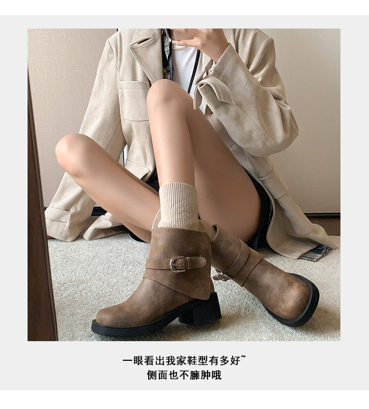 Karin Luna In Stock Spot Goods Versatile Basic Round Toe Belt Buckle Thick Sole Tube Boots