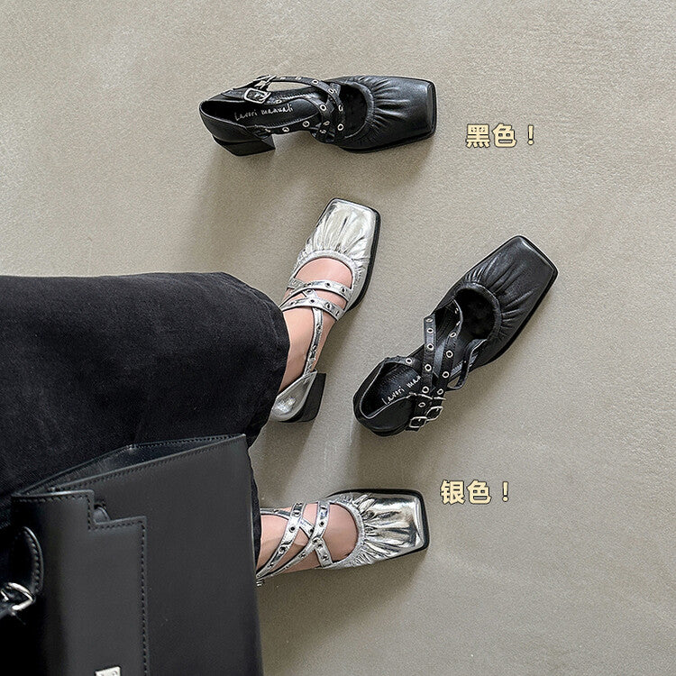 Karin Luna In Stock Spot Goods First Layer Sheepskin Cross Strap Rivet Square Toe Mary Jane Sandals