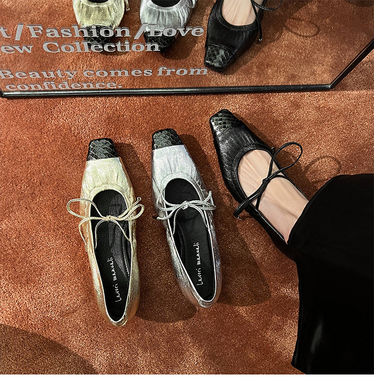 Karin Luna In Stock Spot Goods  Retro Sweet Bowknot Granny Wrinkled Single Shoes
