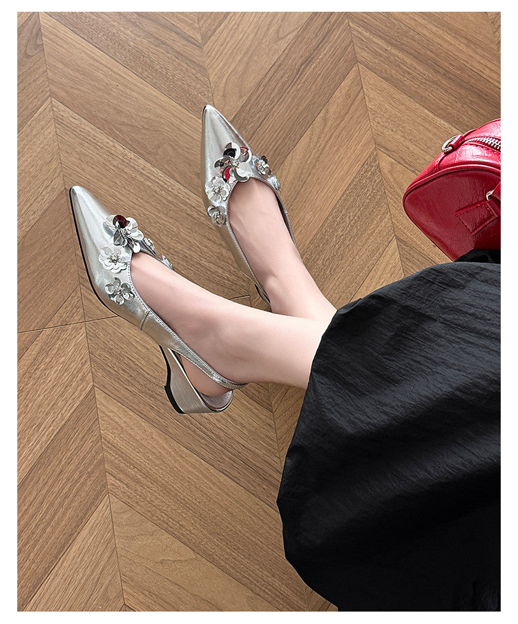 Karin Luna In Stock In Stock  Sequin Floral Pointed Toe Chunky Heel Closed-Toe Sandals