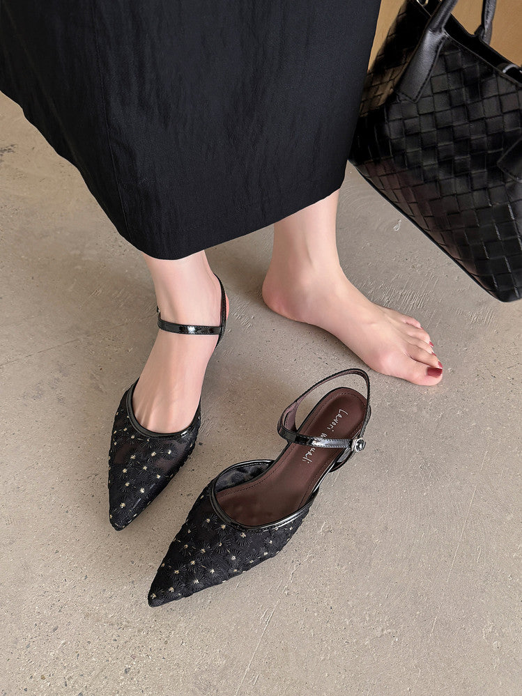 Karin Luna In Stock Spot Goods Embroidered Daisy Sheepskin Mesh Elegant Closed-Toe Slippers