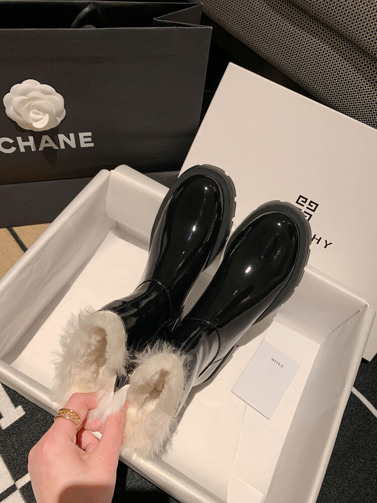 Karin Luna In Stock  Best-selling in stock Thickened Fleece Cow Patent Leather Hot-Selling Flat Short Boots