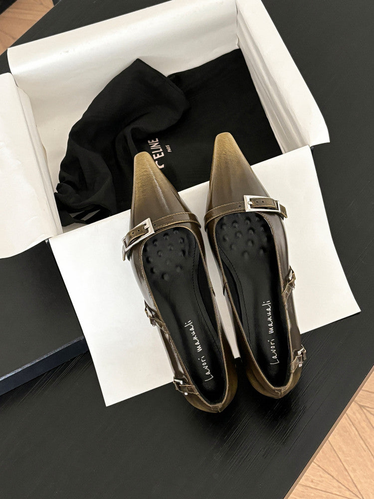 Karin Luna In Stock In Stock Retro Belt Buckle Small Square Toe Chunky Heel Single Shoes