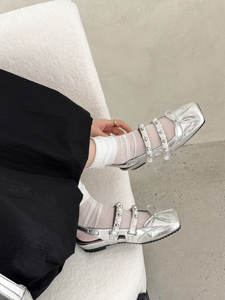 Karin Luna In Stock In Stock  Square Toe Bowknot Pearl Strap Closed-Toe Sandals