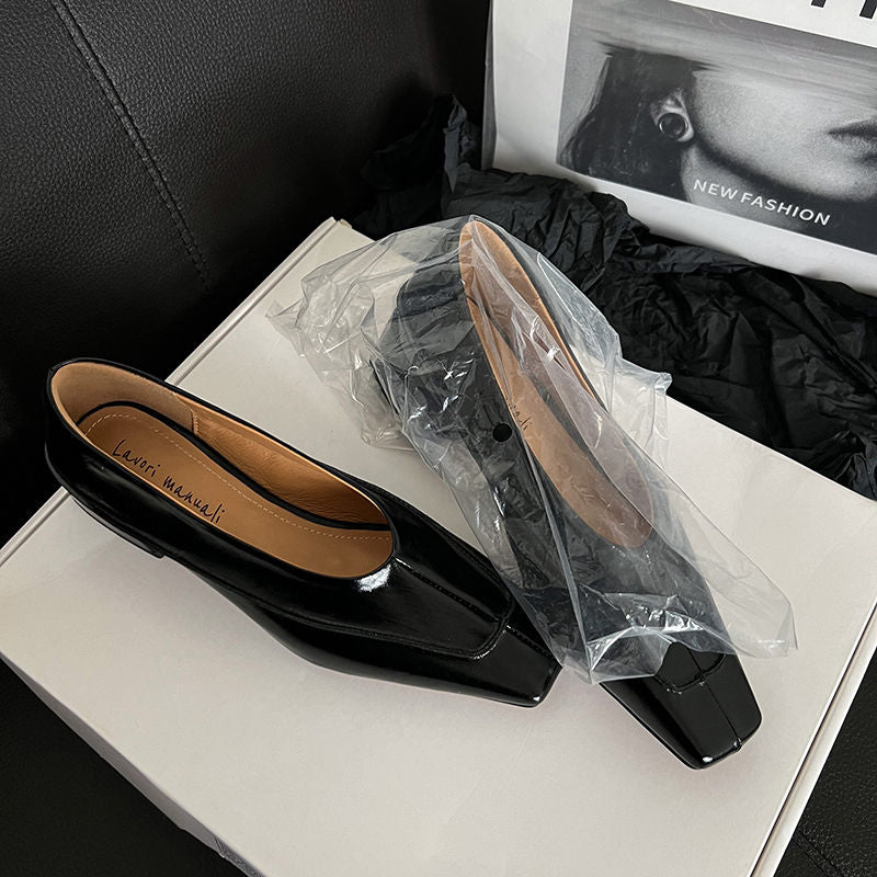 Karin Luna In Stock Spot Goods  Retro Full Leather Square Toe Shallow Mouth Single Shoes
