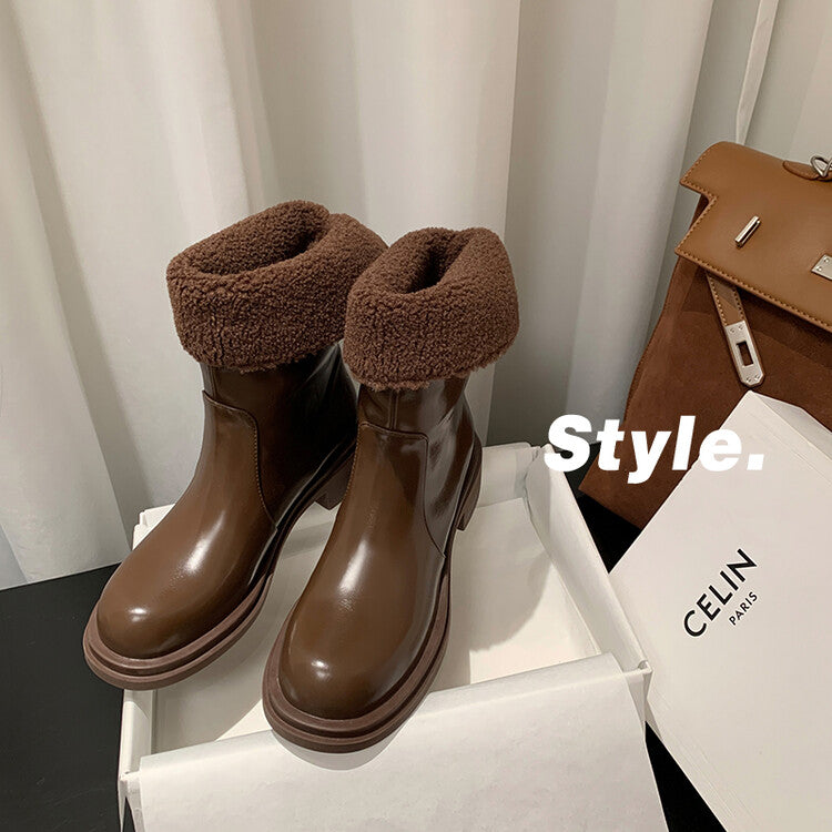 Karin Luna Classic Basic Style   Convertible Foldable Hidden Buckle Snow Fur Shoes Full cowhide Basic Flat Short Boots