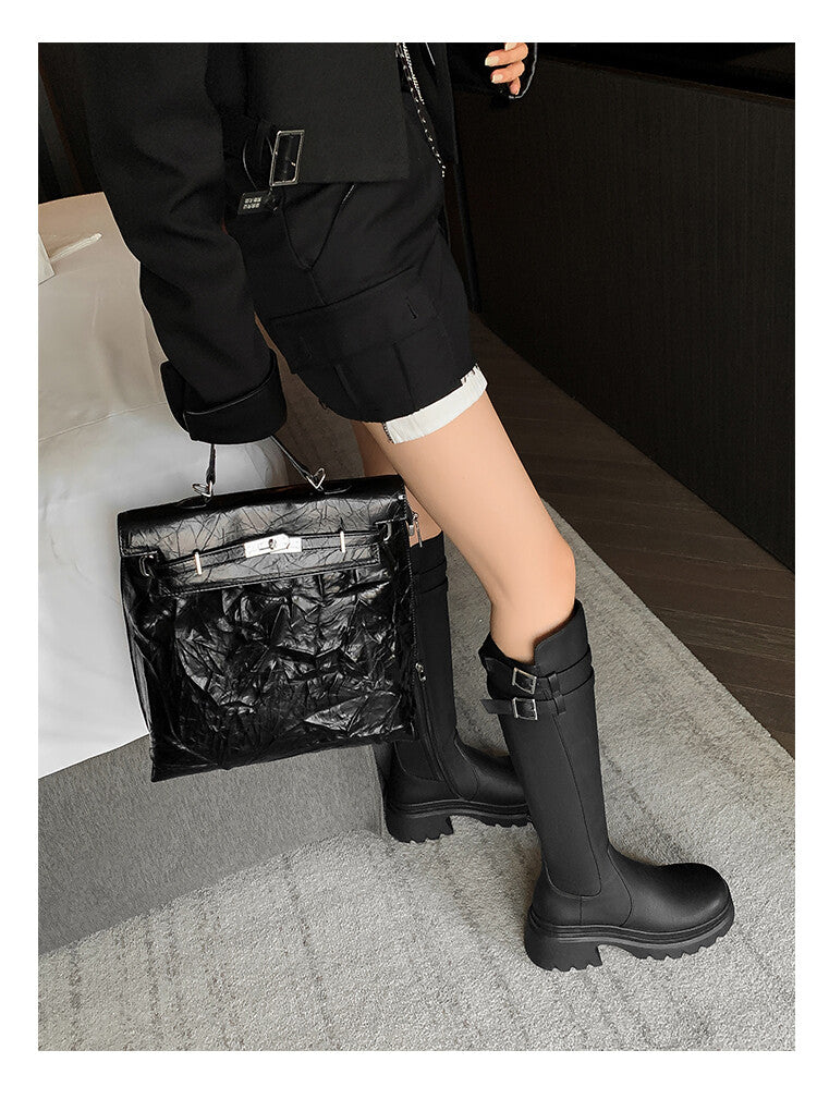Karin Luna In Stock Best-selling in stock   Super Soft Sheepskin  Round Toe Thick Sole Vintage Belt Buckle Long Boots