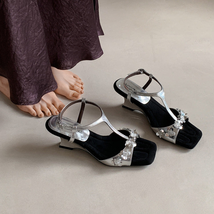 Karin Luna Hot-Selling Sequin Floral Series ~  Square Toe Irregular Heel Square Toe Sandals