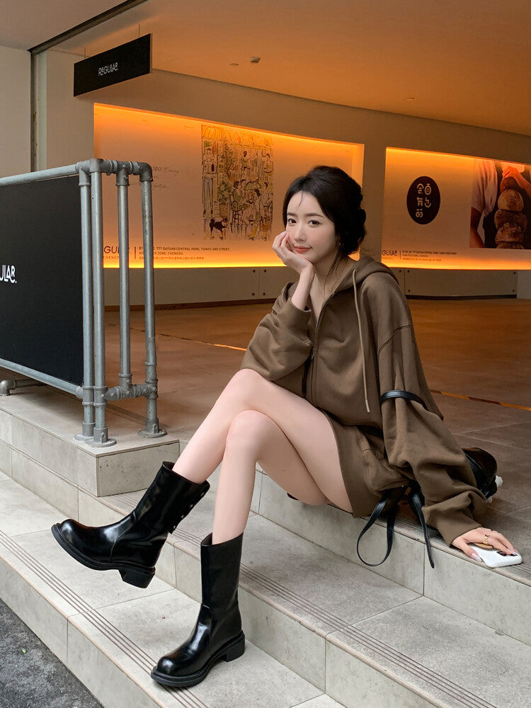 Karin Luna Classic Basic Style   Convertible Foldable Hidden Buckle Snow Fur Shoes Full cowhide Basic Flat Short Boots