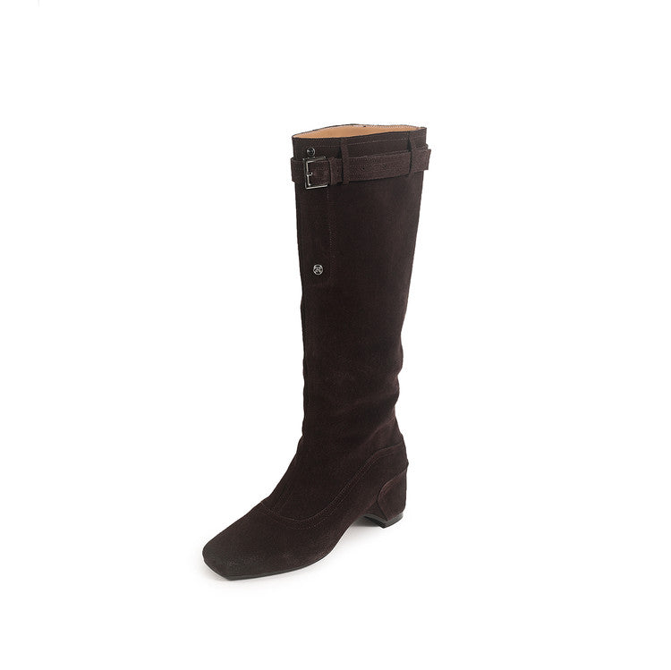 Karin Luna Belt Buckle Elegant Chunky Heel Suede Western Boots