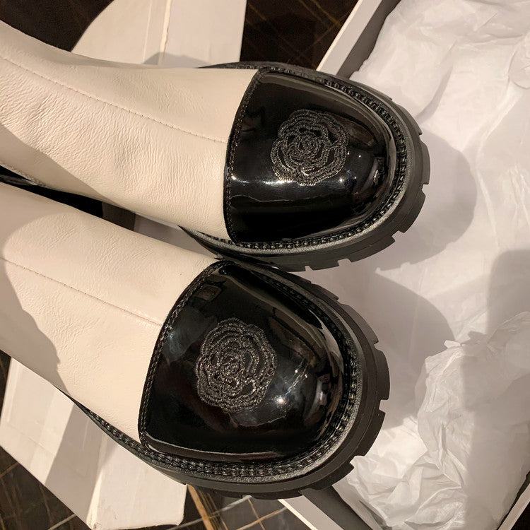 Karin Luna In Stock Spot Goods  Classic Embroidered Camellia Round Toe Thick Sole Chelsea Boots