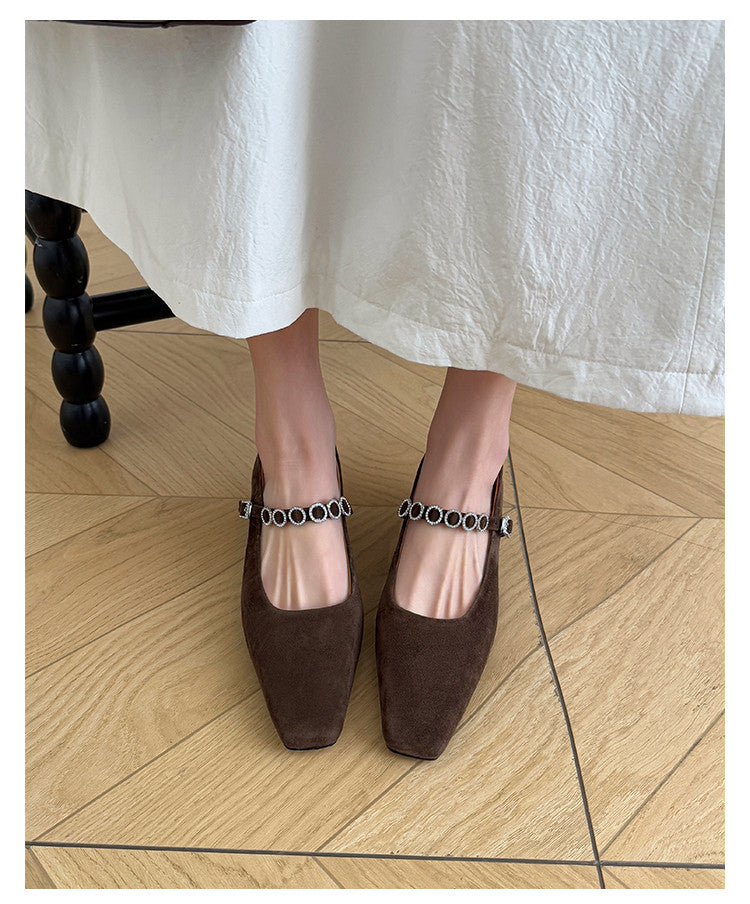 Karin Luna In Stock Spot Goods  Vintage Full Leather Square Toe Rhinestone Strap Shallow Mouth Single Shoes