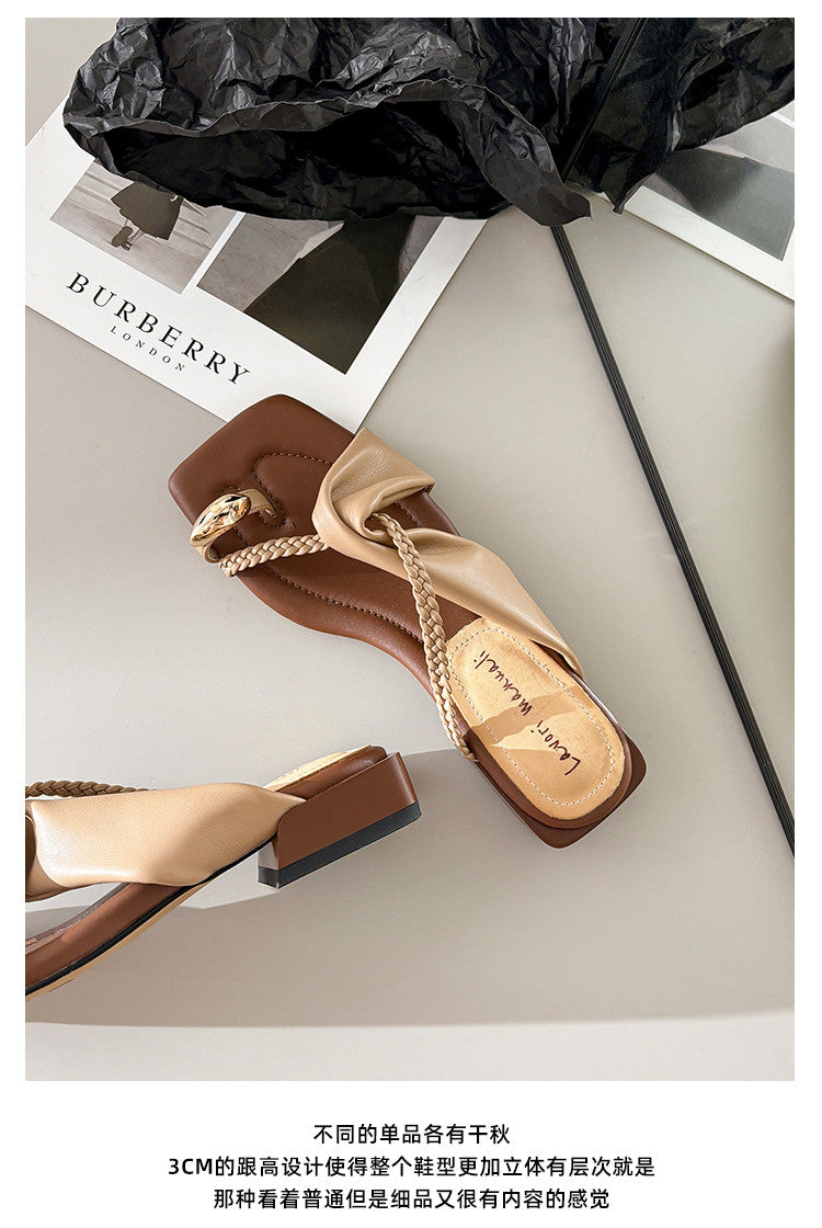 Karin Luna  Square Toe Braided Cross Thick Heel Flat Slippers