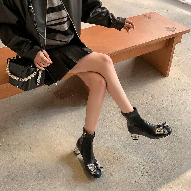 Karin Luna In Stock   Rhinestone Bow Thick Heel Slim Boots