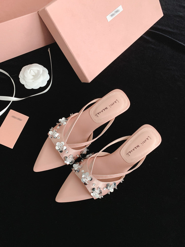 Karin Luna Bestseller Sequin Elements Elegant Pointed Toe Irregular Heel Slippers