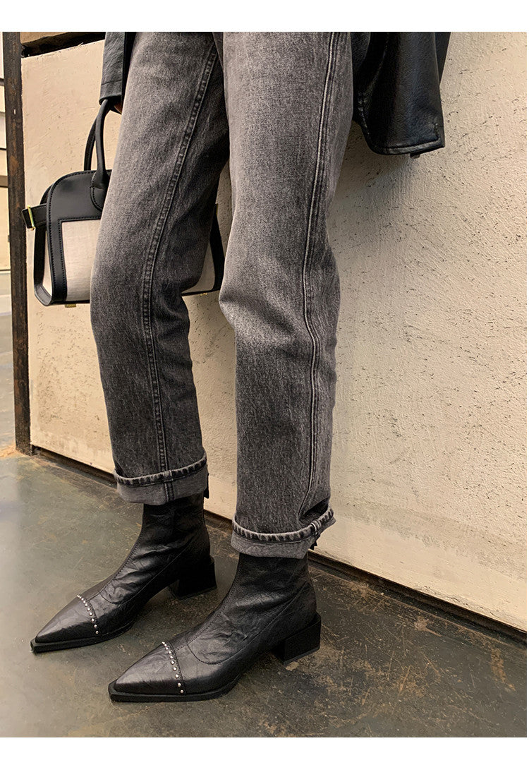 Karin Luna In Stock In Stock Slim Boots Series~Pointed Toe Rivet Slim Short Boots