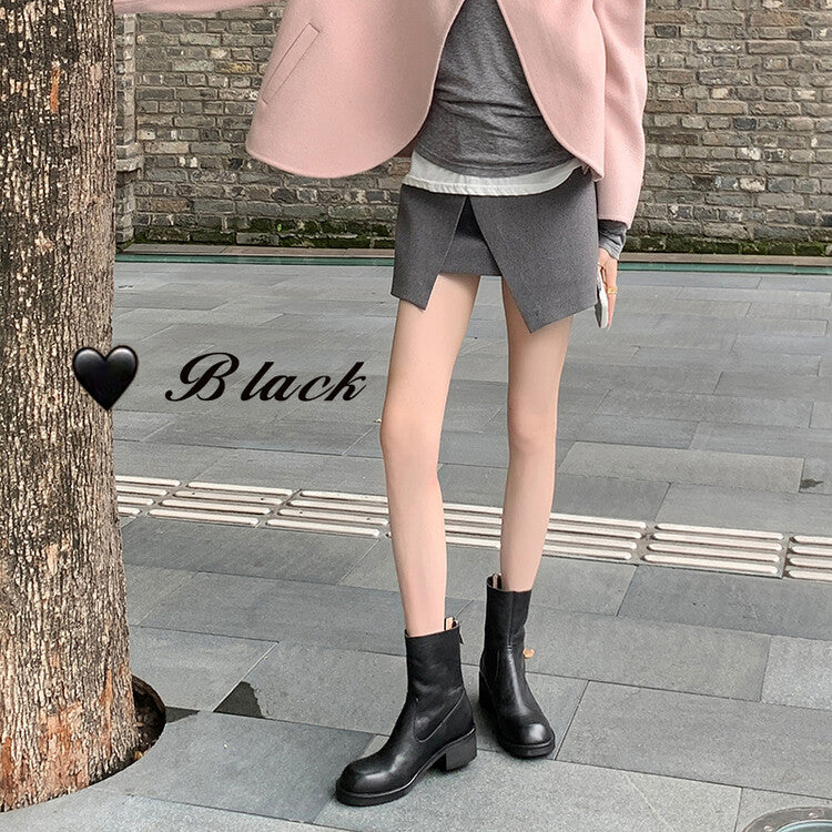 Karin Luna In Stock Spot Goods  Full-grain leather inside and out   Minimalist Texture  Round Toe Flat Bottom Basic Short Boots