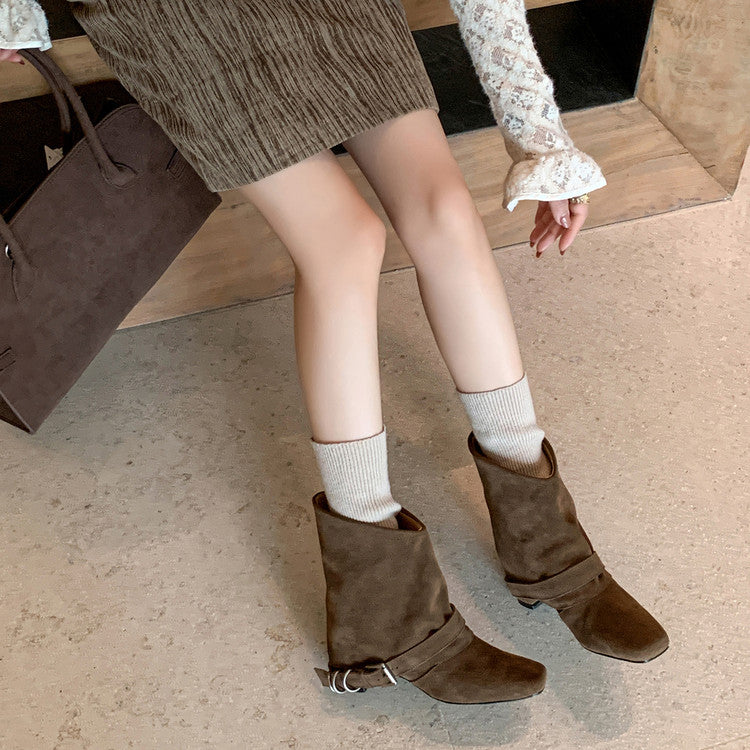 Karin Luna Data Hot Item Square Toe Hidden Wedge Belt Buckle Suede Ankle Boots