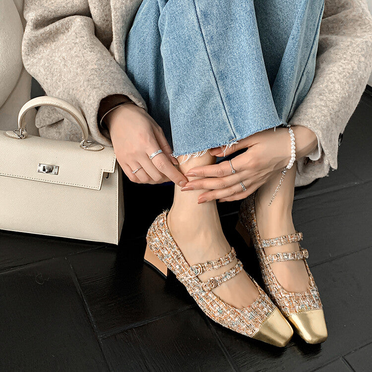 Karin Luna Classic Chanel Style~ Tweed Spring Limit Square Toe Chunky Heel Mary Jane Strap Single Shoes