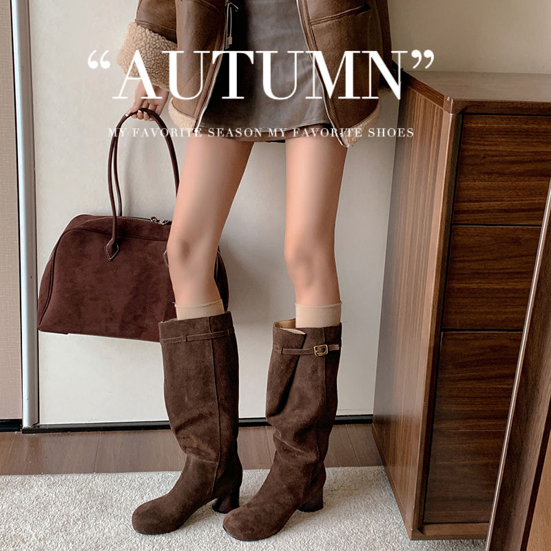 Karin Luna In Stock In Stock Mango Head Large Tube Belt Buckle Chunky Heel Long Boots