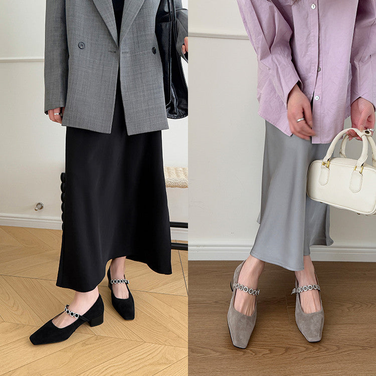 Karin Luna In Stock Spot Goods  Vintage Full Leather Square Toe Rhinestone Strap Shallow Mouth Single Shoes