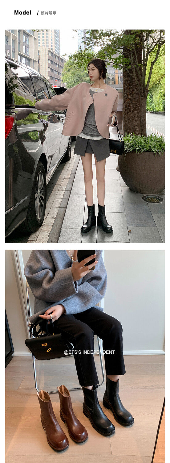 Karin Luna In Stock Spot Goods  Full-grain leather inside and out   Minimalist Texture  Round Toe Flat Bottom Basic Short Boots