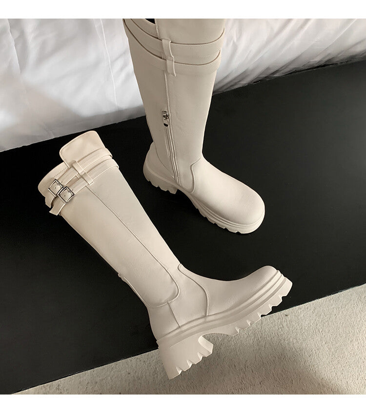 Karin Luna In Stock  Round Toe Thick Sole Casual Belt Buckle Long Boots