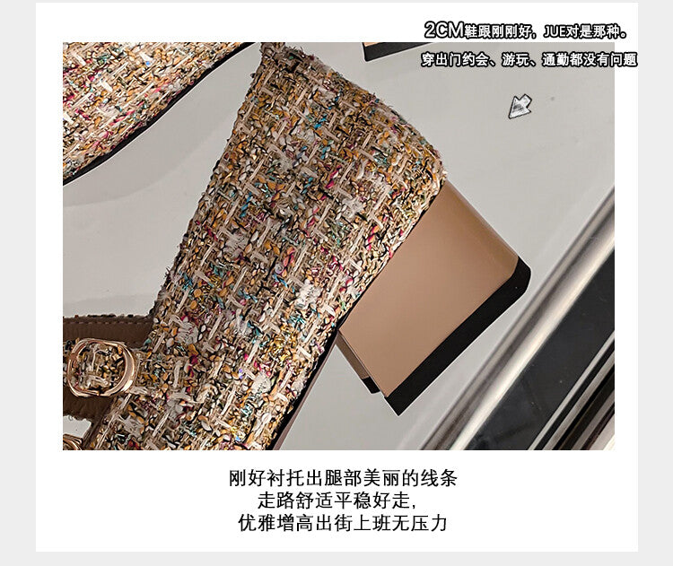 Karin Luna Classic Chanel Style~ Tweed Spring Limit Square Toe Chunky Heel Mary Jane Strap Single Shoes