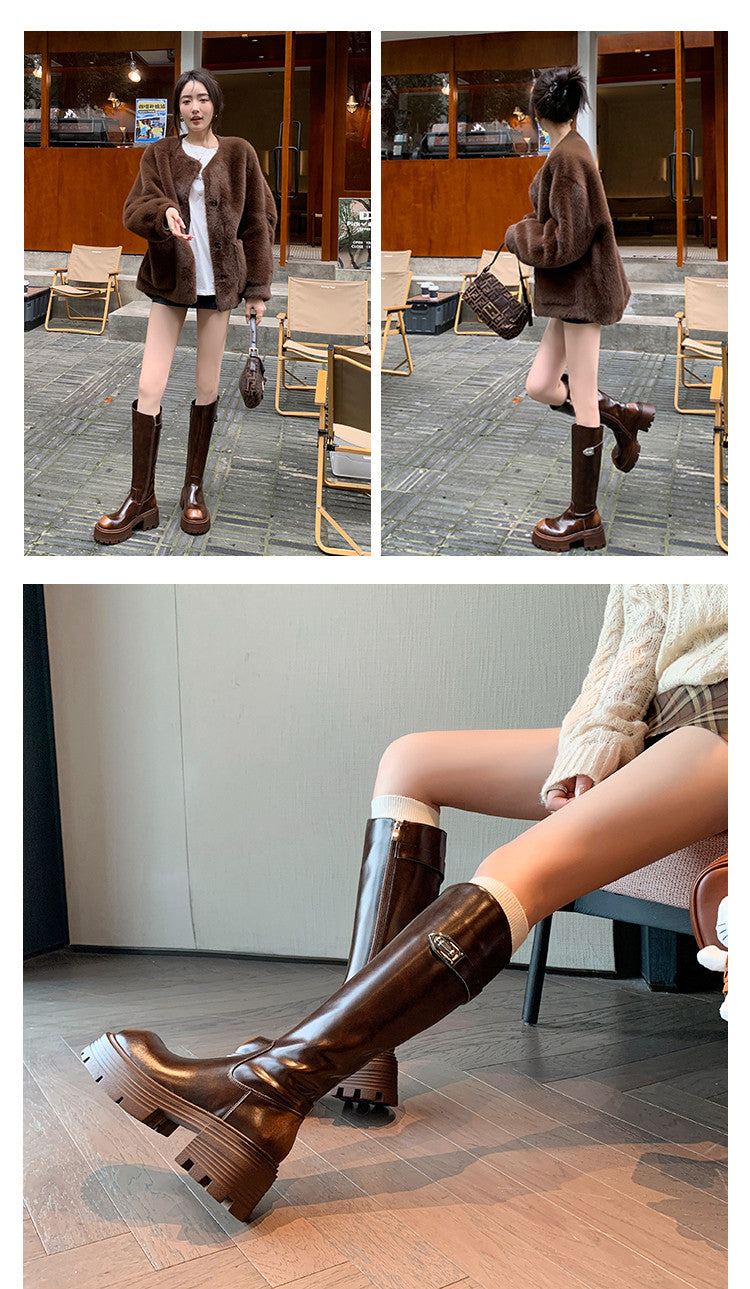 Karin Luna In Stock In Stock  Round Toe Thick Sole Belt Buckle Side Zipper Knight Boots
