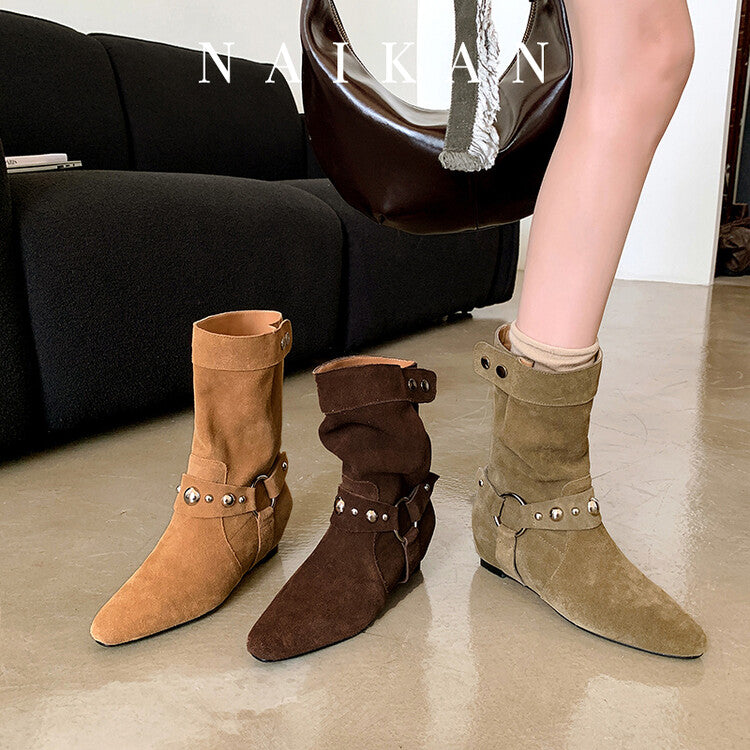 Karin Luna has prepared stock  Hot-Selling Retro Pointed Toe Wedge Metal Buckle High Tube Western Boots