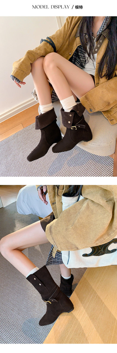 Karin Luna Foldable Belt Buckle Square Toe Hidden Wedge Short Boots