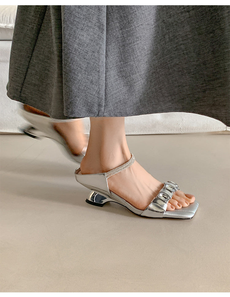 Karin Luna Bestseller Popular Rhinestone Ribbon Square Toe Slippers