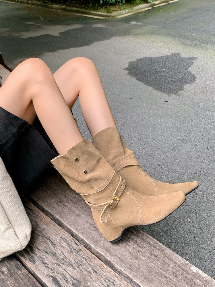 Karin Luna Foldable Belt Buckle Square Toe Hidden Wedge Short Boots