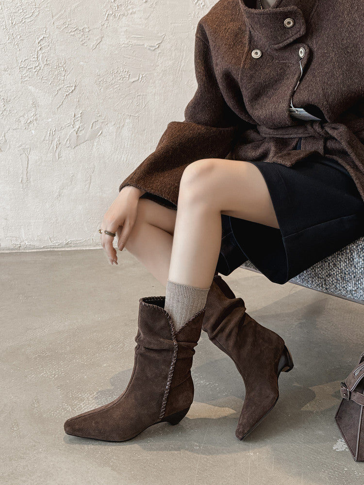 Karin Luna Elegant Style Small Square Toe Pleated Short Boots