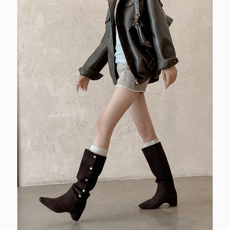 Karin Luna Bestseller Hot-Selling Hidden Buckle Lazy Style Square-Toe Height-Increasing Suede Western Boots
