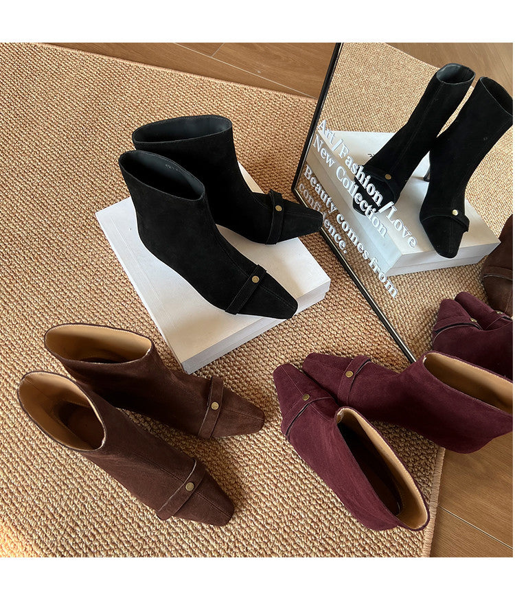 Karin Luna Elegant Style Small Square Toe Belt Buckle Thin Heel Short Boots