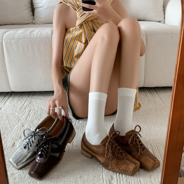Karin Luna In Stock Spot Goods   Pig Nose Thin Strap Square Toe Patchwork Single Shoes