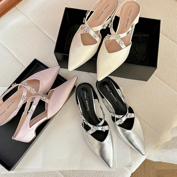 Karin Luna Elegant Pointed Toe Rhinestone Flower High Heel Mules