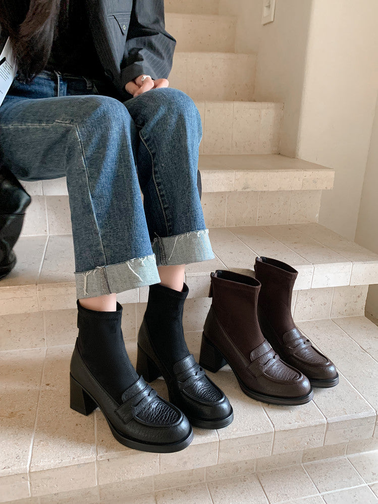 Karin Luna Hot-Selling Element Round Toe Elephant Pattern Elastic Thick Heel Short Boots