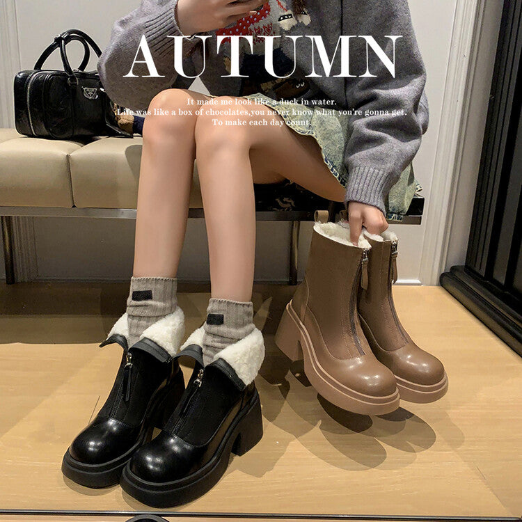 Karin Luna Basic Bestseller Timeless Thick Fur Lined Round Toe Thick Sole Cowhide Snow Boots