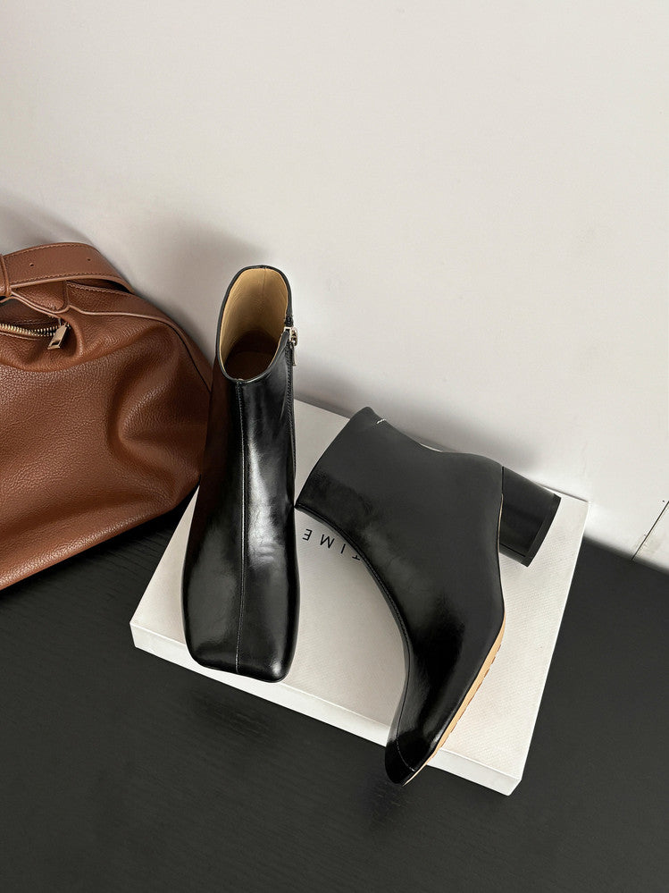 Karin Luna French Style Square Toe Chunky Heel Ankle Boots