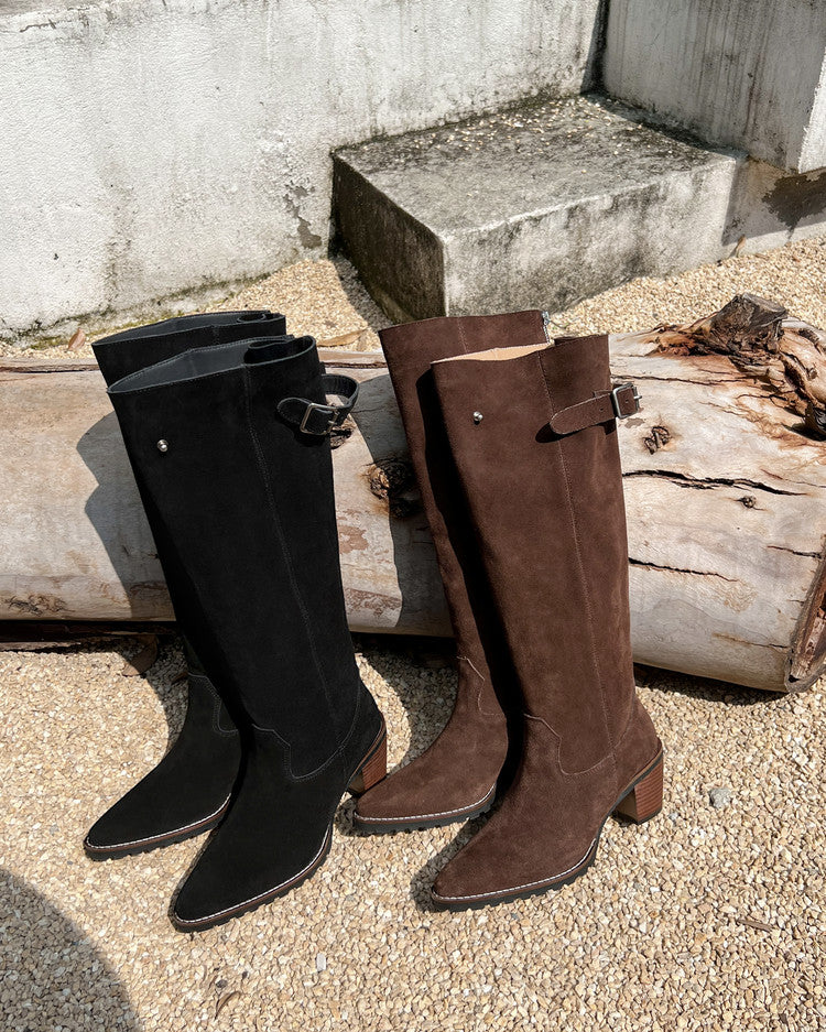 Karin Luna In Stock Spot Goods Retro Cowhide Leather Chunky Heel Suede Long Boots