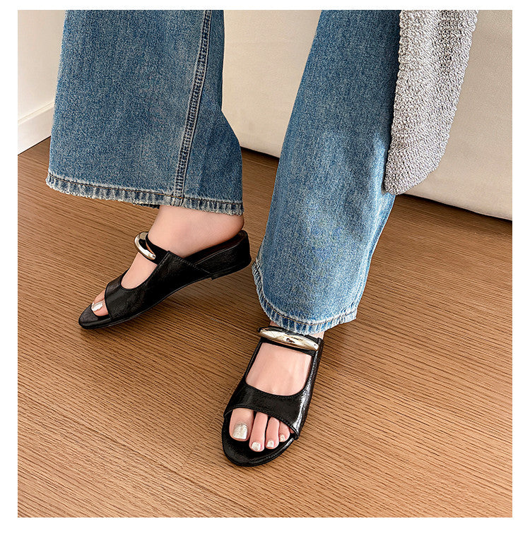 Karin Luna In Stock Spot Goods  Metal Buckle Round Toe Strap Slippers