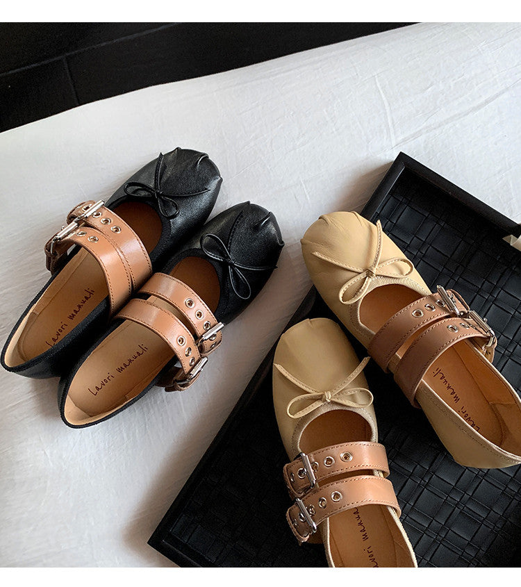 Karin Luna In Stock Spot Goods Minimalist Retro Round Toe Mary Jane Bowknot Height-Increasing Flats