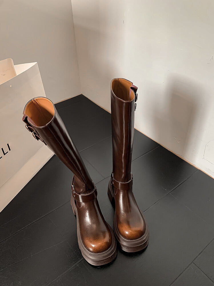 Karin Luna Full Cowhide  miumiu Popular Round Toe Thick Sole Beautiful and height-increasing