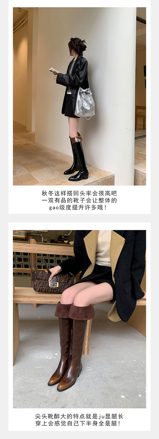 Karin Luna exploded  Three versions exploded Single Fleece Lining Fur Collar Version  Thick Fur Collar Foldable Hot-Selling Full Cowhide Pointed Toe Chunky Heel Classic Style