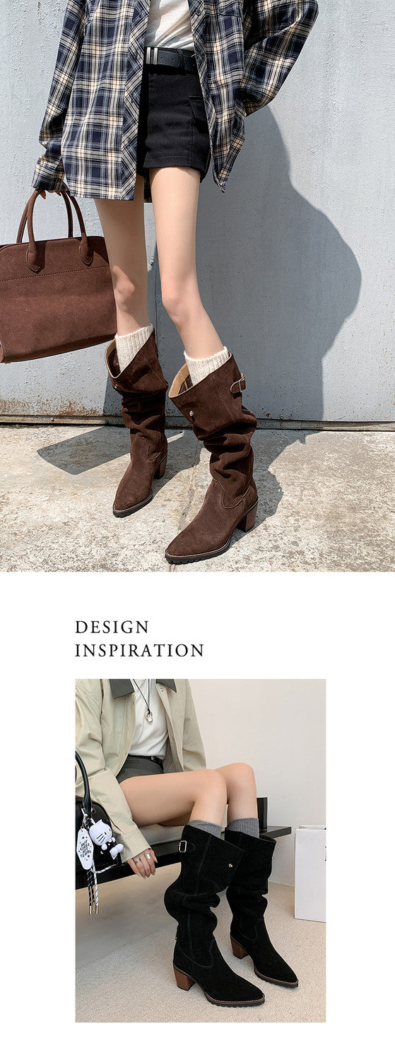 Karin Luna In Stock Spot Goods Retro Cowhide Leather Chunky Heel Suede Long Boots