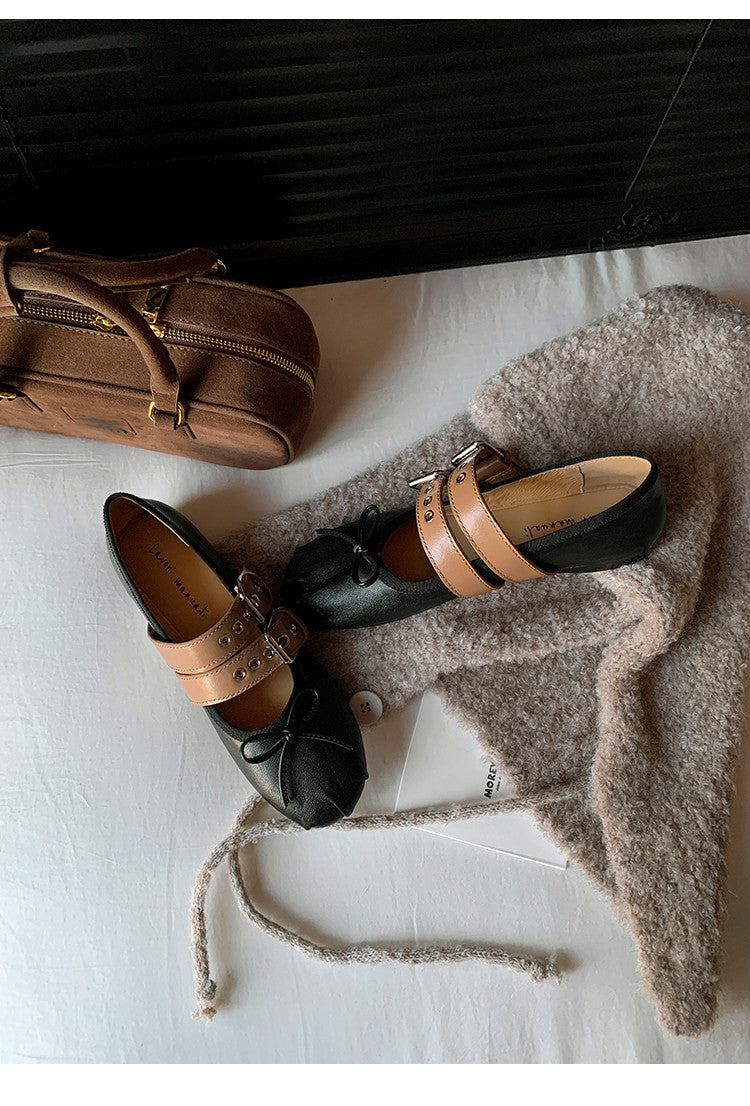Karin Luna In Stock Spot Goods Minimalist Retro Round Toe Mary Jane Bowknot Height-Increasing Flats