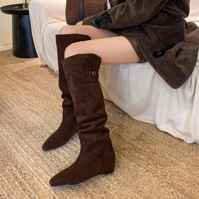 Karin Luna In Stock Spot Goods Vintage Cowhide Leather Two-Way Wear Pointed Toe Height-Increasing Long Boots