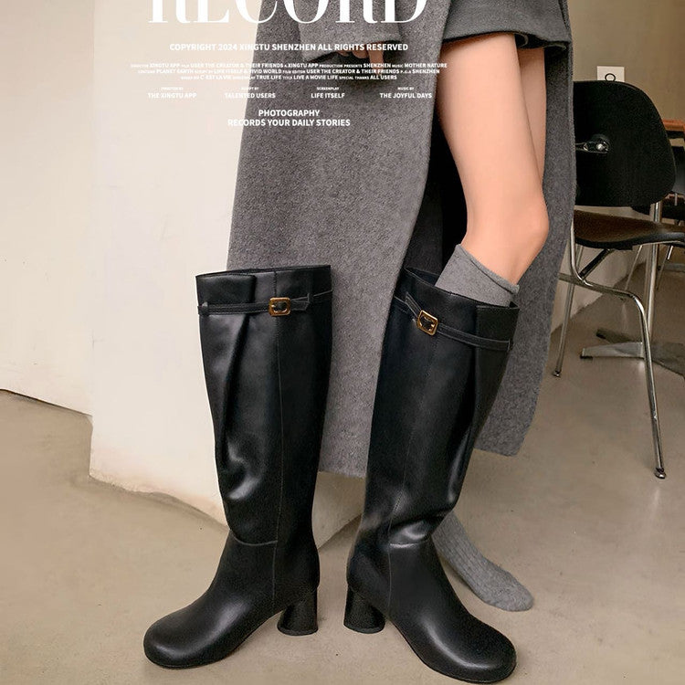 Karin Luna In Stock In Stock Mango Head Large Tube Belt Buckle Chunky Heel Long Boots
